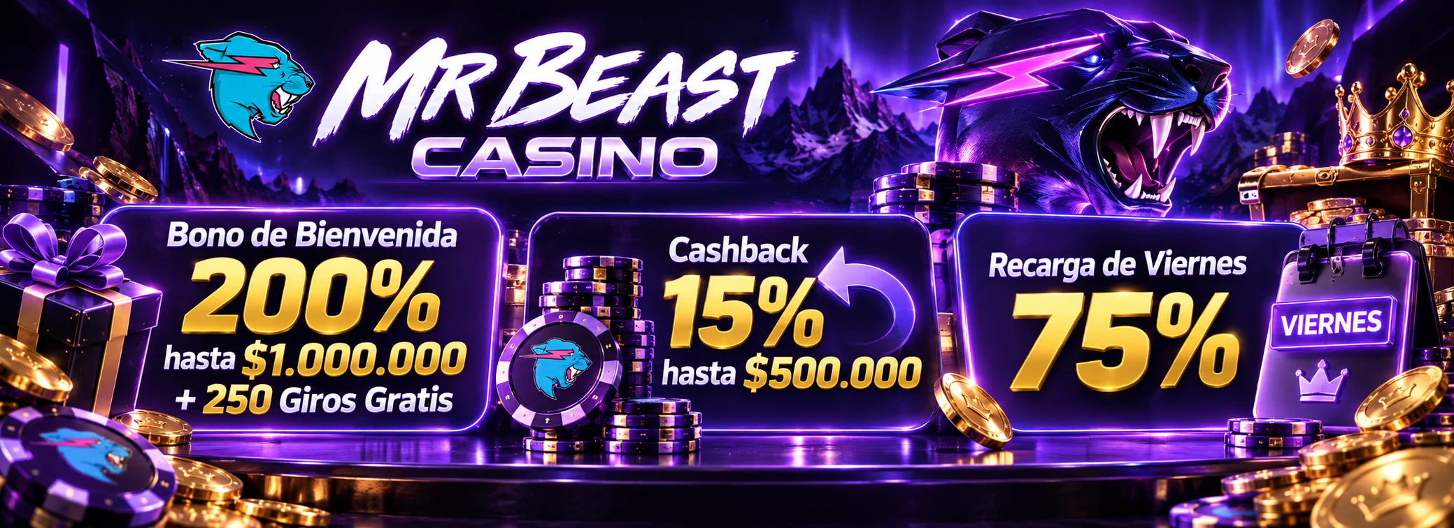 Bono de bienvenida de MrBeast Casino: 200% hasta $1.000.000 CLP + 250 giros